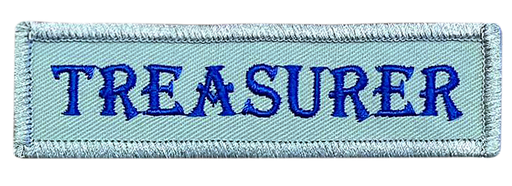 A patch that says treasurer in blue letters on a white background.