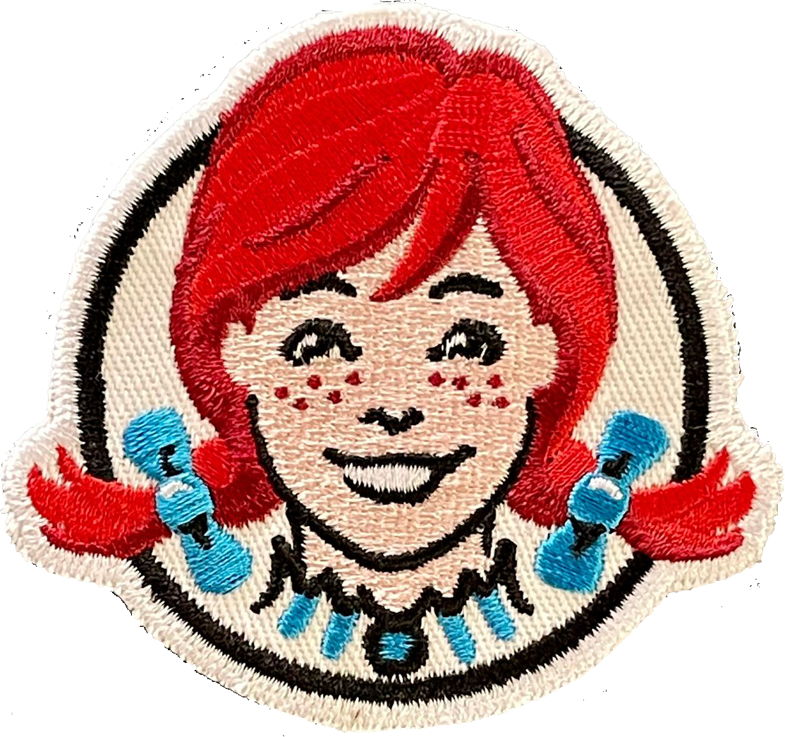 a wendy 's logo with red hair and blue pigtails
