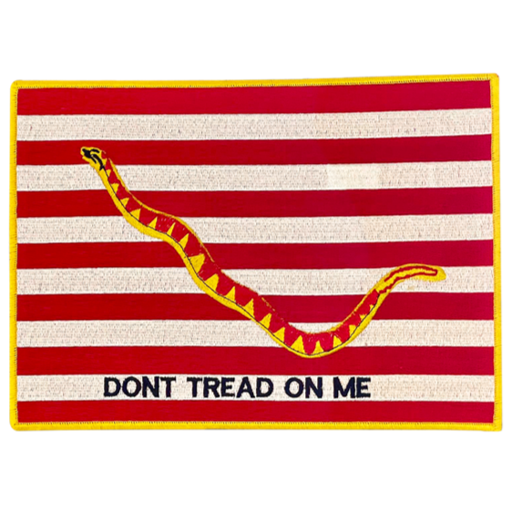 A red and white striped flag with a snake and the words 