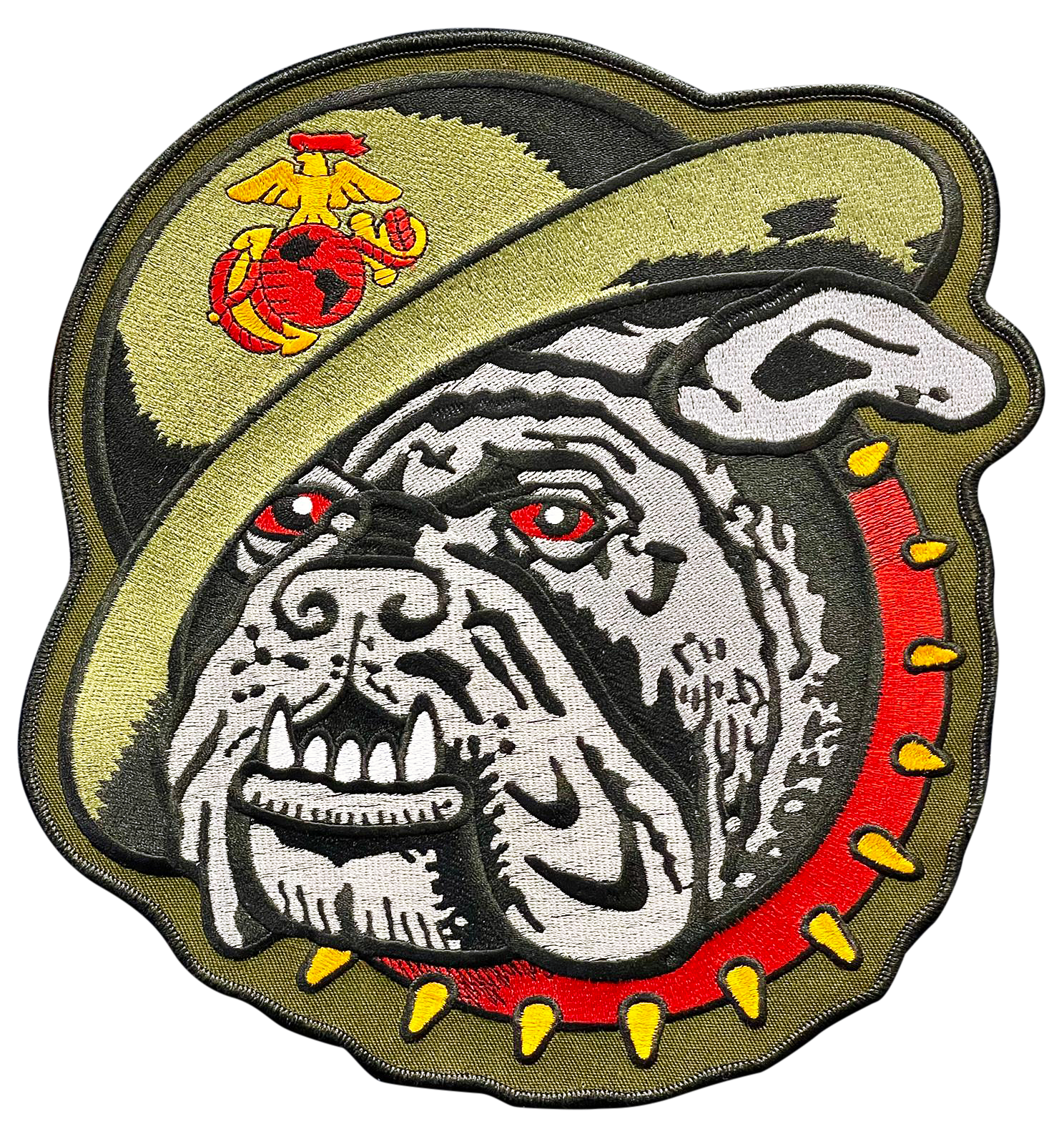 A patch of a bulldog wearing a hat.