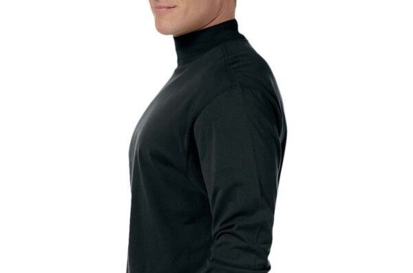 A man is wearing a black turtleneck sweater.