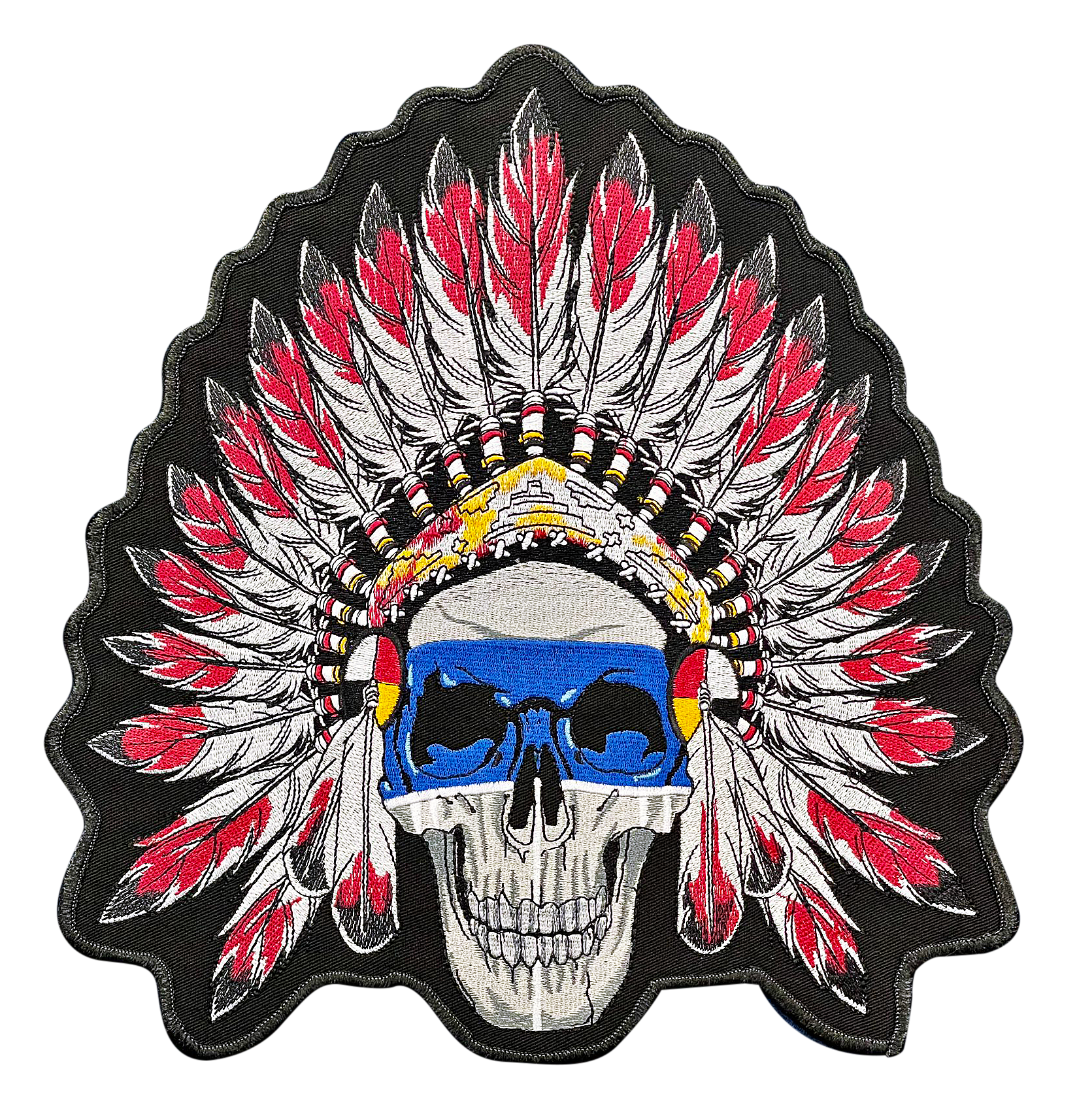 A patch with a skull wearing a native american headdress.
