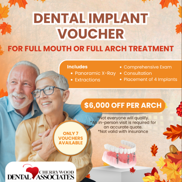 Dental implant voucher for full mouth/arch. Includes exam, X-ray, extractions & 4 implants. $6,000 off per arch. Limited availability.