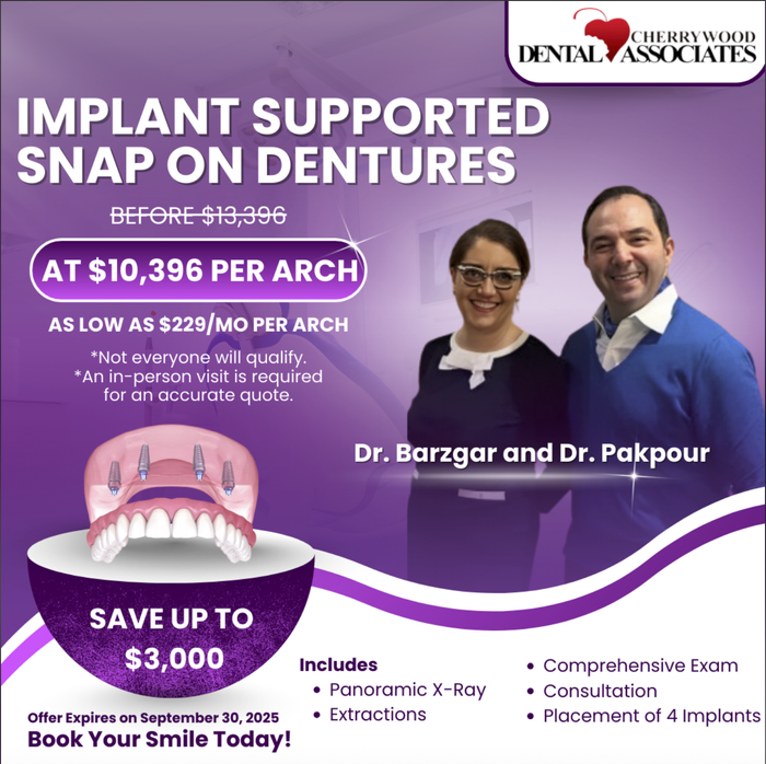 Dental ad: Implant snap-on dentures for $10,396 per arch, featuring doctors and procedure details.