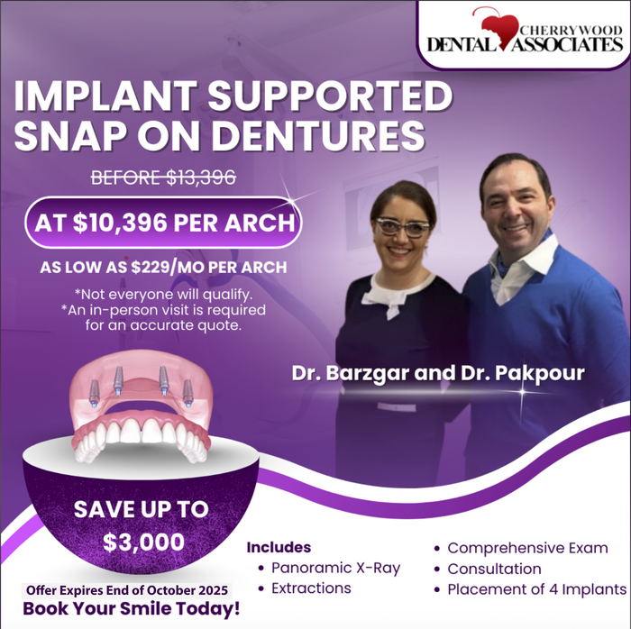 Dental ad: Implant snap-on dentures for $10,396 per arch, featuring doctors and procedure details.