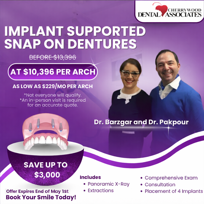 Dental ad: Implant snap-on dentures for $10,396 per arch, featuring doctors and procedure details.