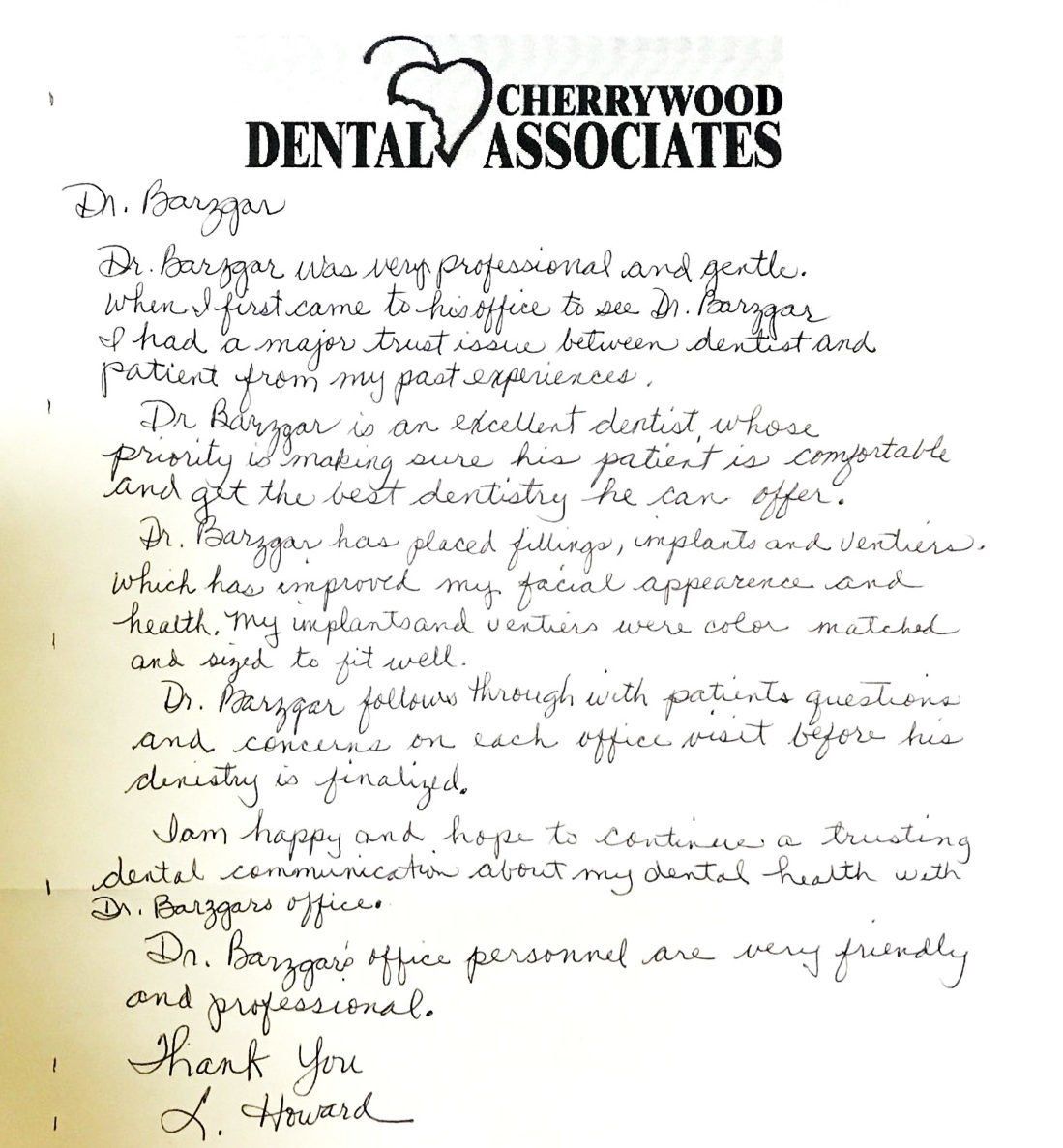 A handwritten letter from cherrywood dental associates