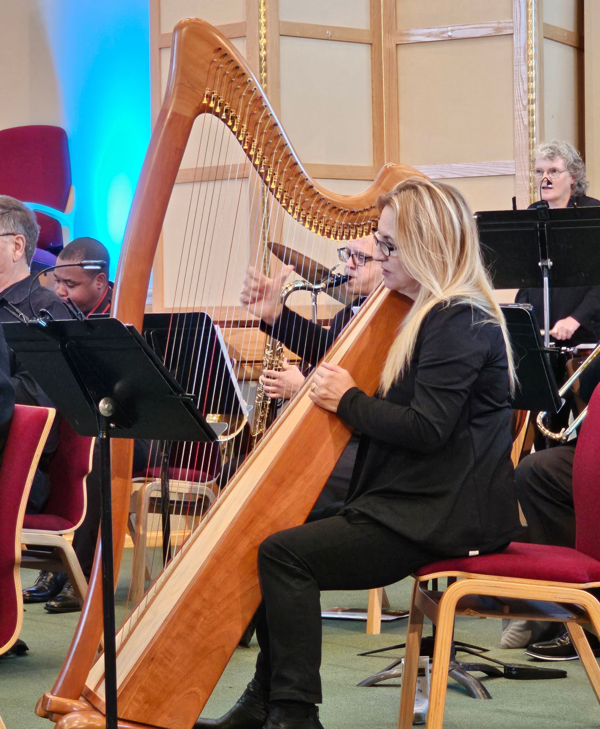 A woman is playing a harp in an orchestra