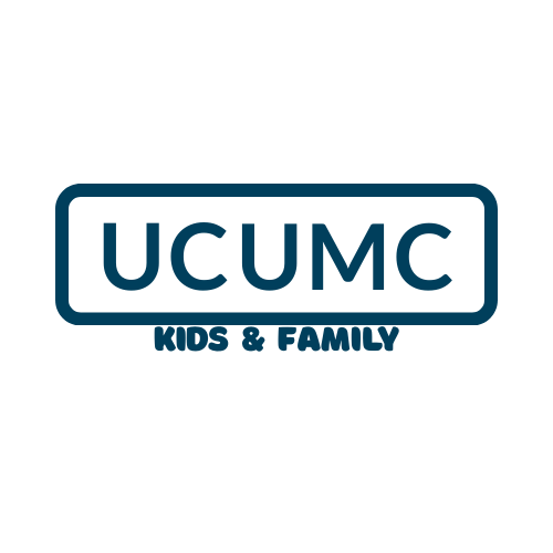 The logo for uc kids and family has a cross on it.