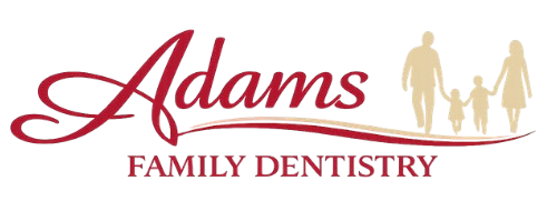Adams Family Dentistry logo with family silhouette and text in maroon.