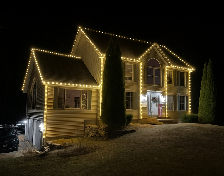 Two-story house at night, outlined with warm white Christmas lights.