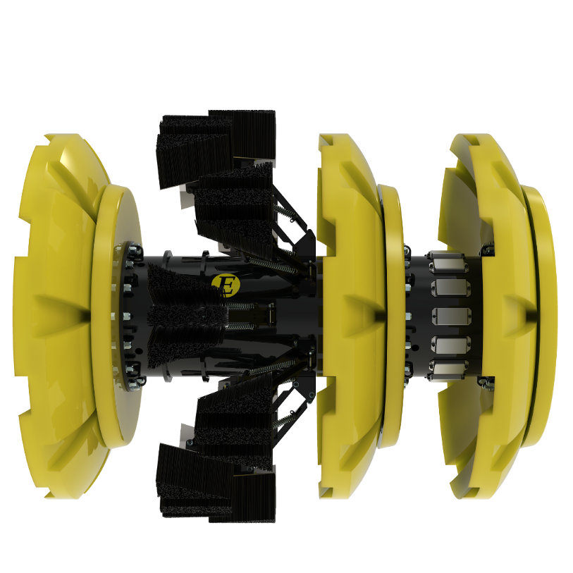 Yellow and black industrial brush head for a floor cleaning machine.