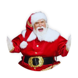 Santa Claus, red suit, white beard, wide-open mouth, arms outstretched, excited expression.