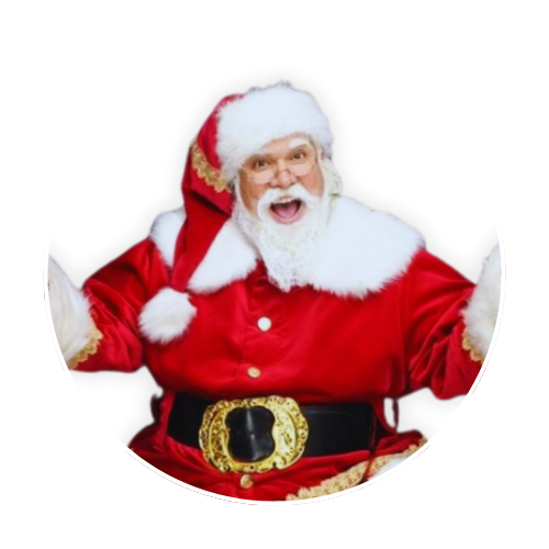 Santa Claus, red suit, white beard, wide-open mouth, arms outstretched, excited expression.