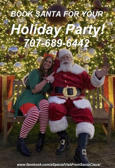Santa Claus with white sunglasses and raised fists against a colorful backdrop.