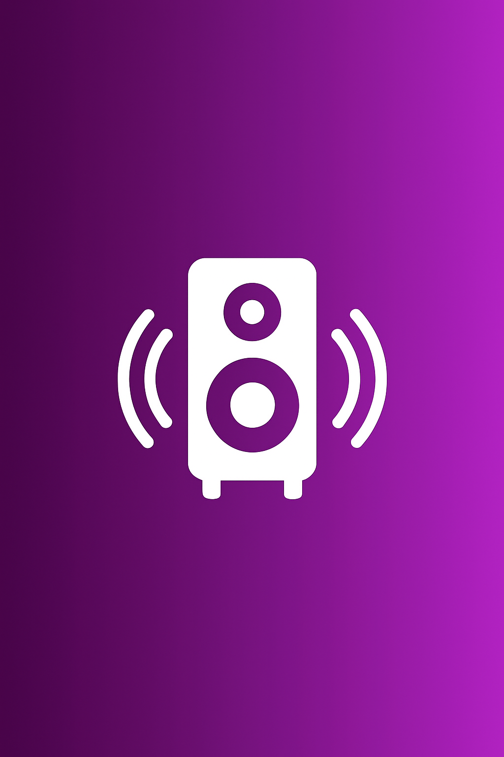 Ícono de altavoz blanco que emite ondas de sonido sobre un fondo degradado morado.