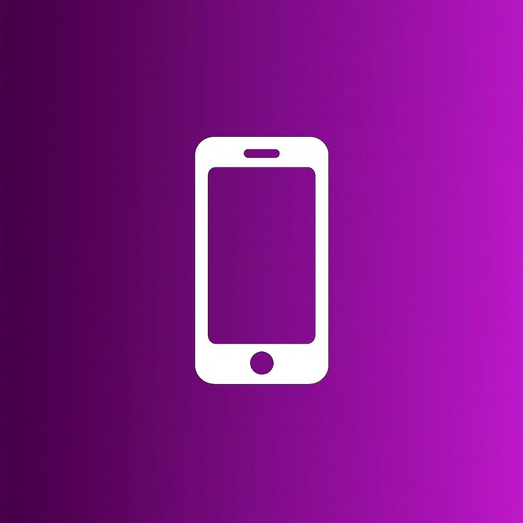Icono de teléfono inteligente blanco sobre un fondo degradado morado.
