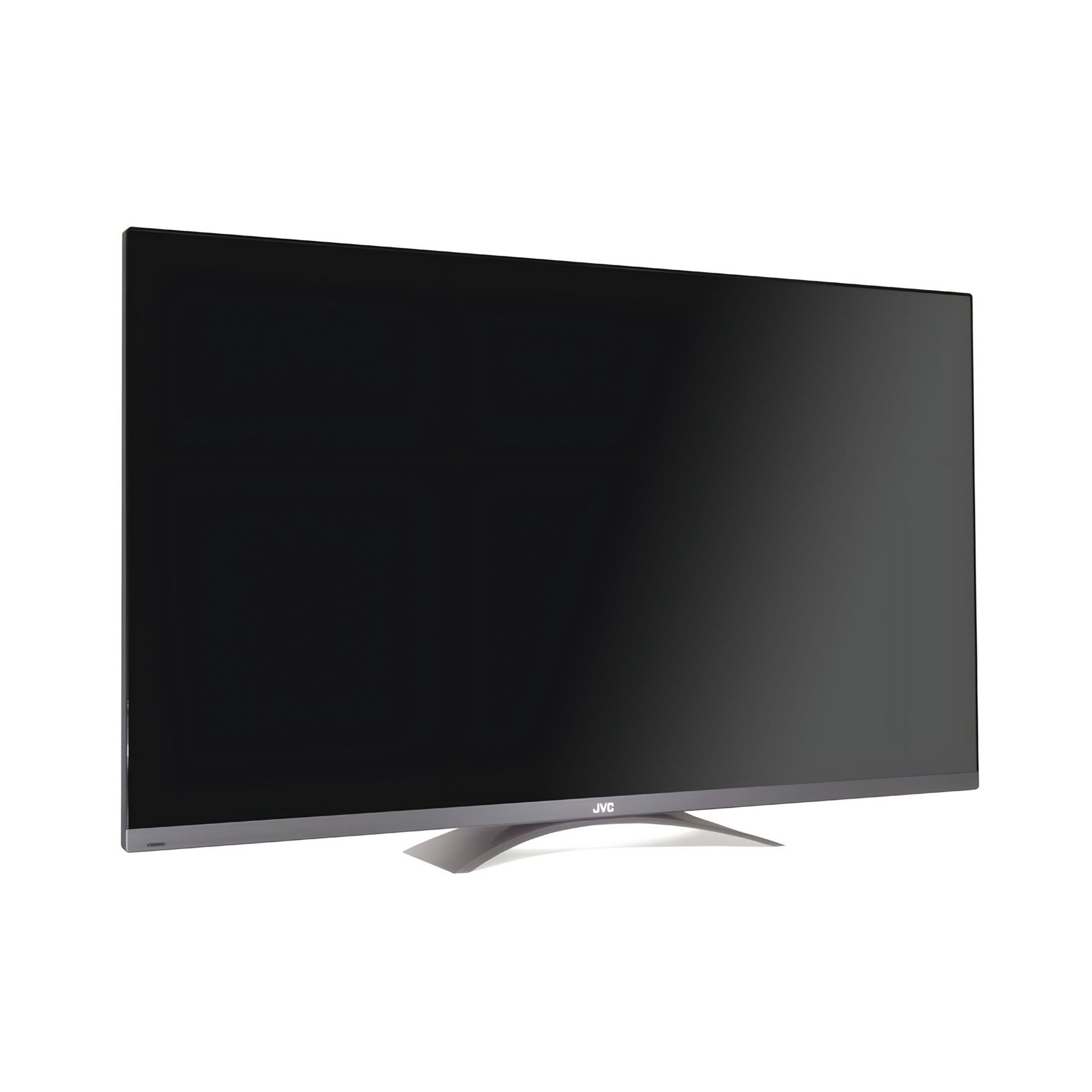 Televisor de pantalla plana con pantalla oscura, marco plateado y base curva.