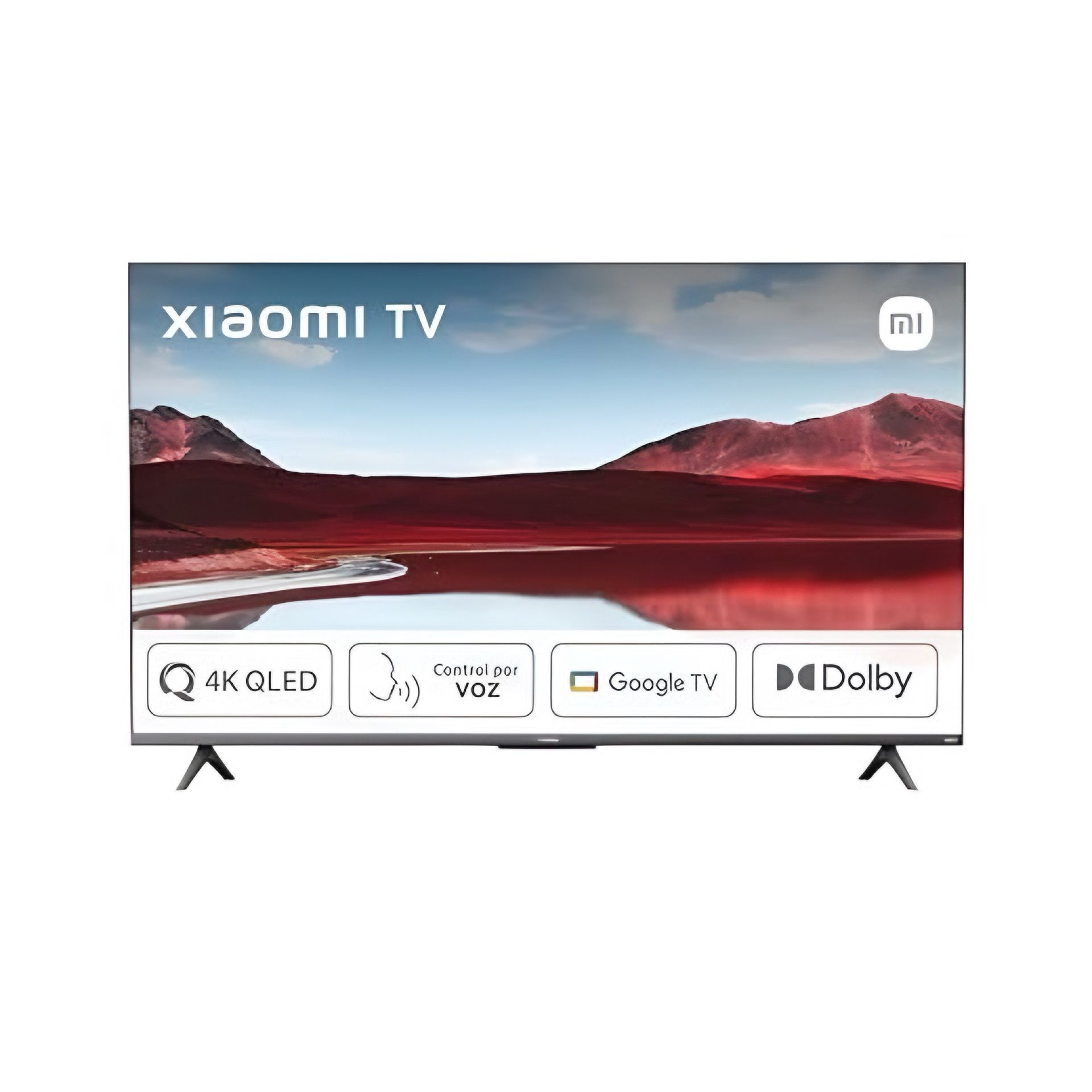 Televisor Xiaomi que muestra un paisaje rojo con texto e íconos: 