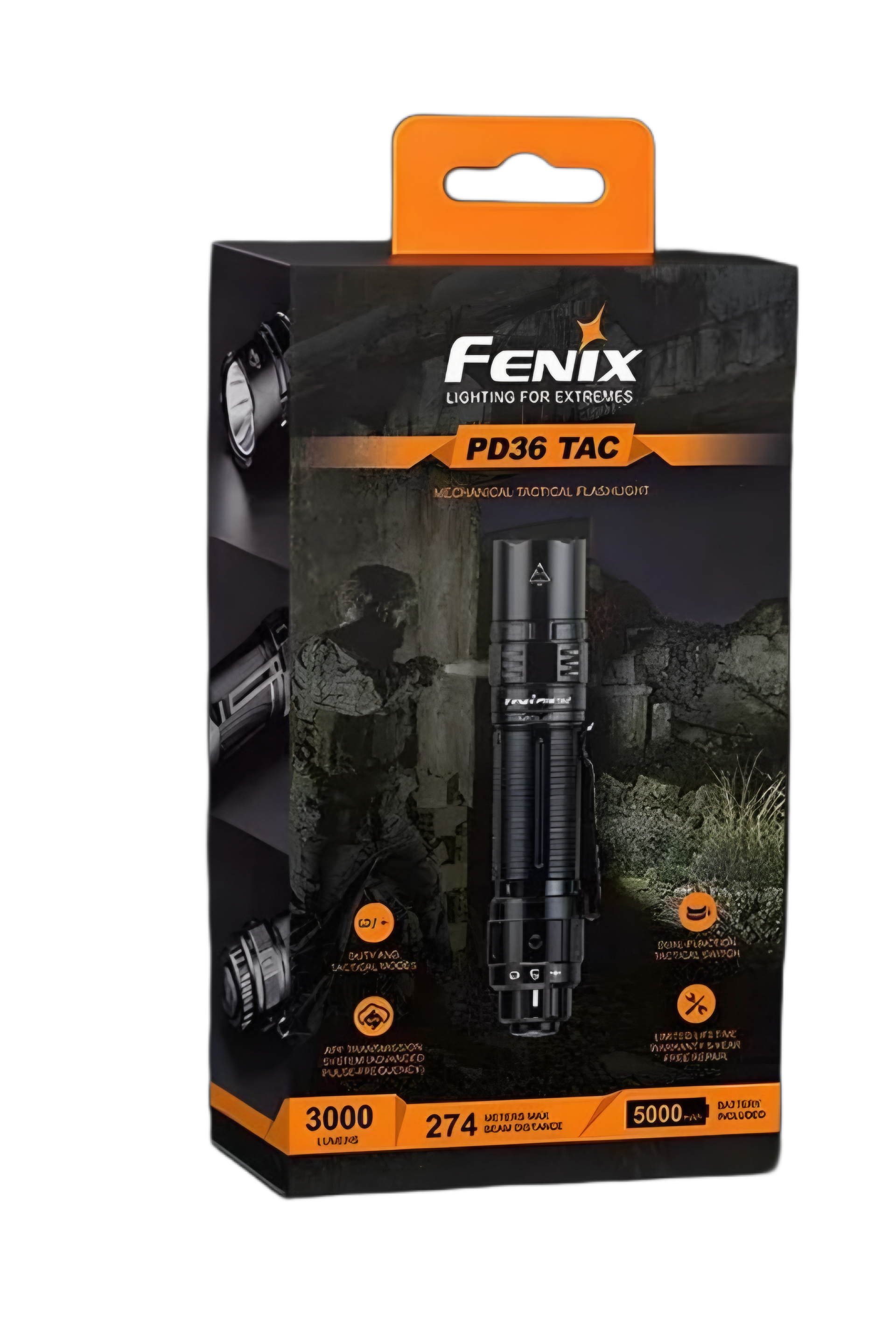 Linterna táctica Fenix ​​PD36 en su caja. Caja negra, tapa naranja. Especificaciones y uso táctico.