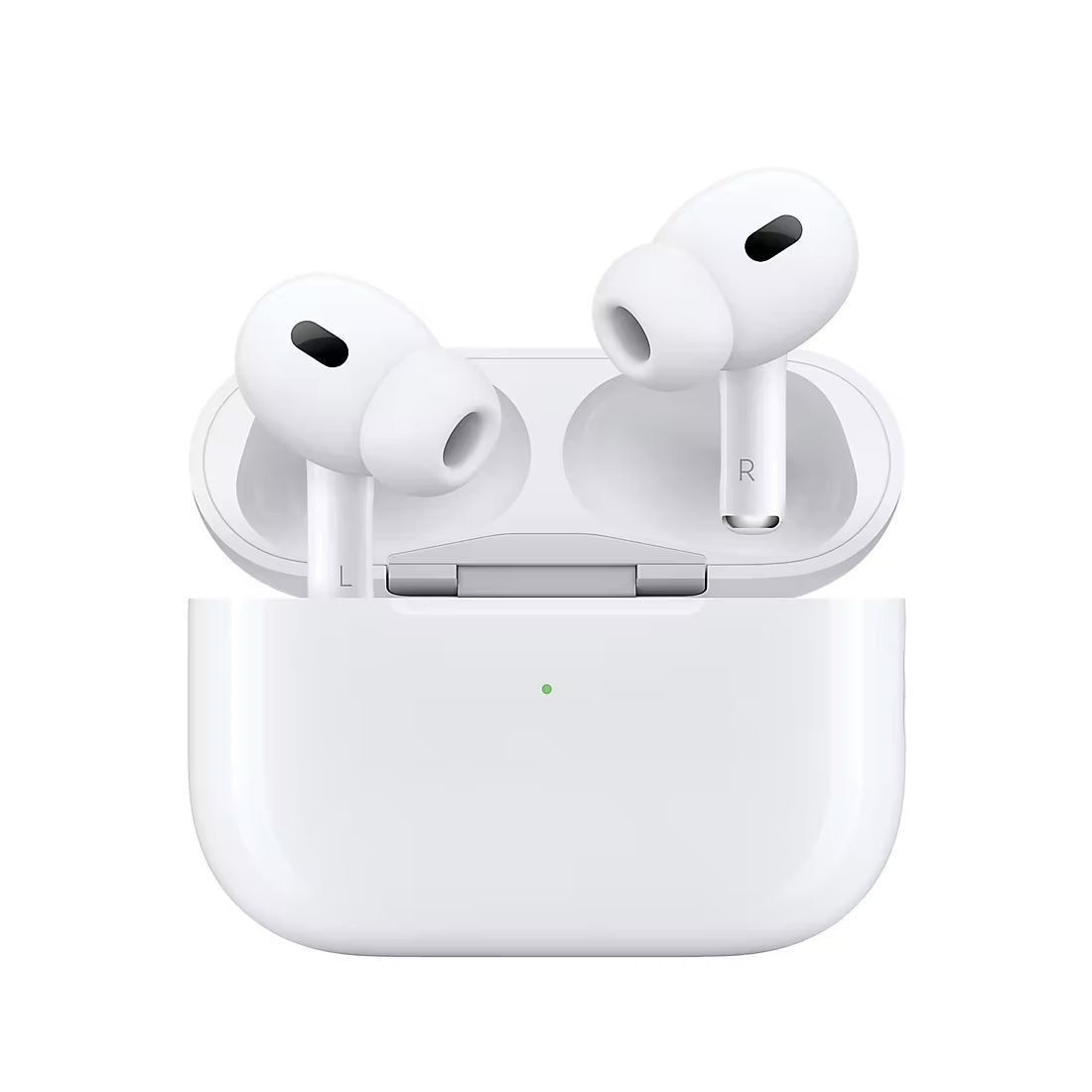 Un par de AirPods de Apple blancos en un estuche de carga.