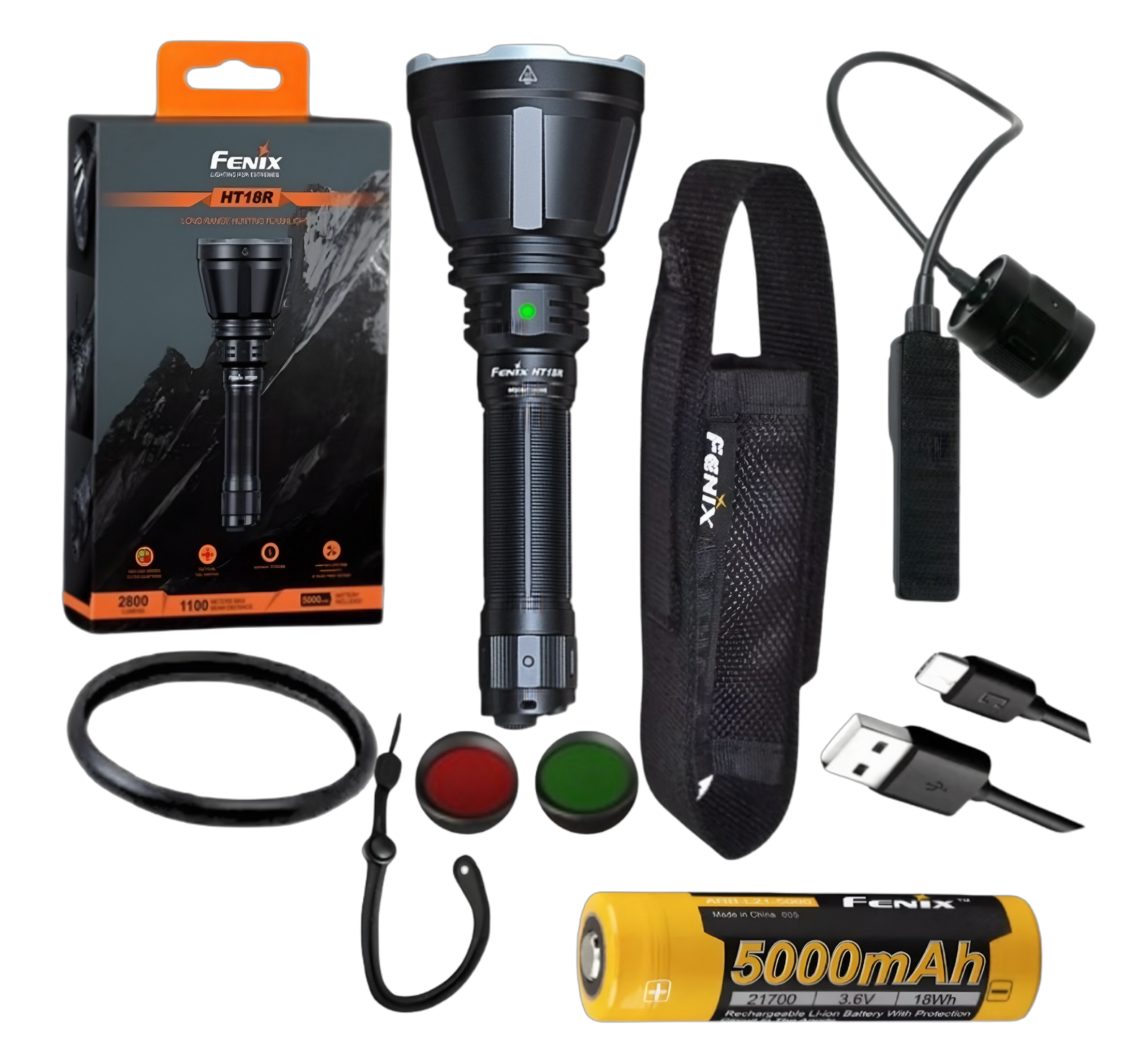 Linterna Fenix ​​LR50R con accesorios: batería, filtros, funda, cargador y caja. Color negro y amarillo.