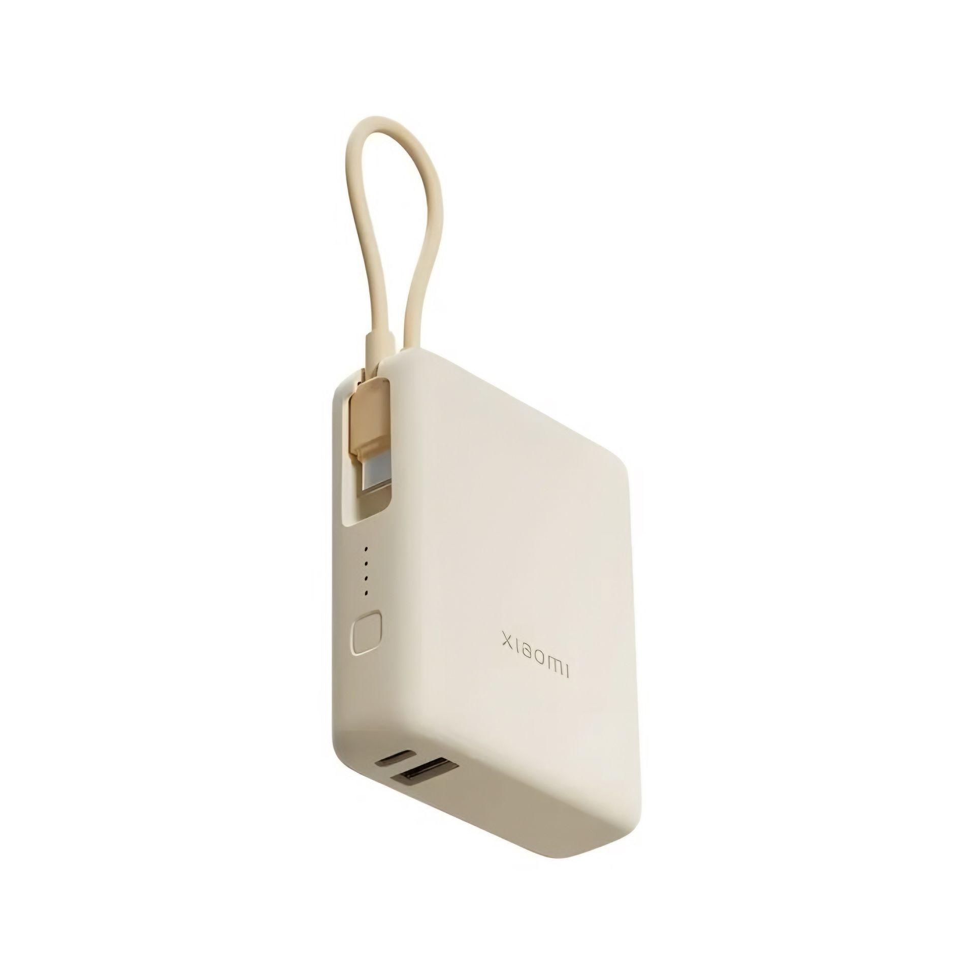 Cargador portátil beige con asa adjunta y dos puertos USB.
