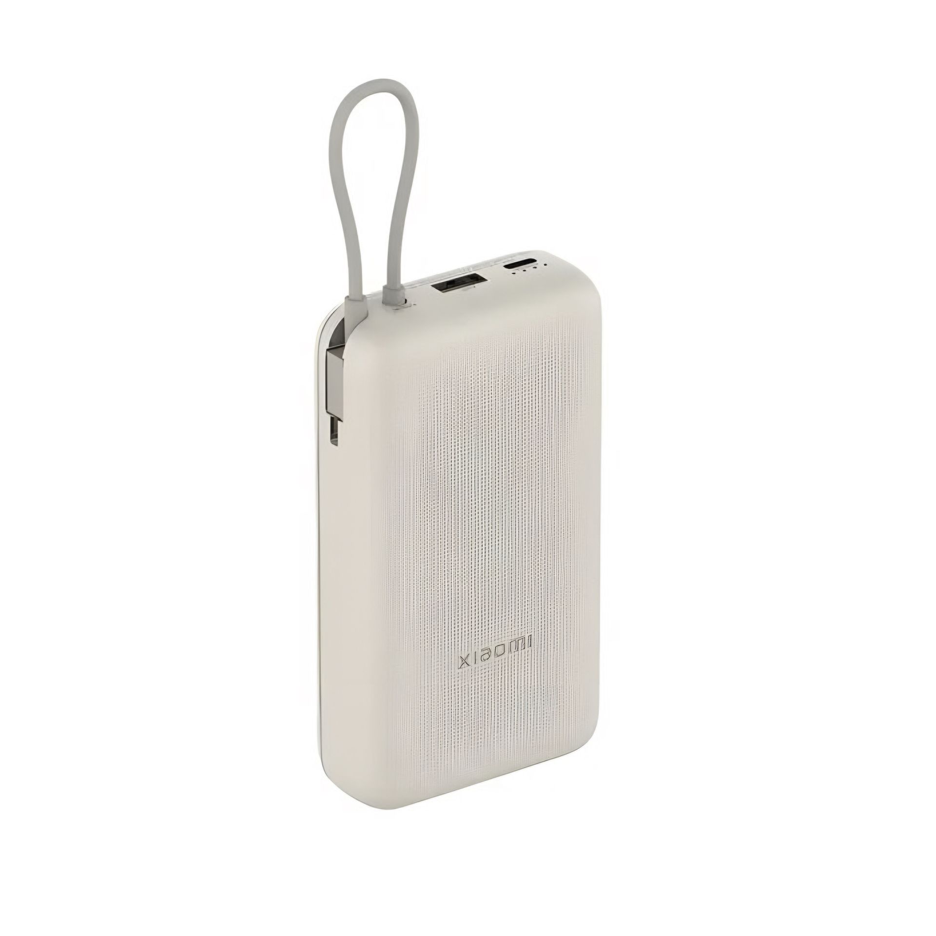 Cargador portátil beige con asa adjunta y dos puertos USB.