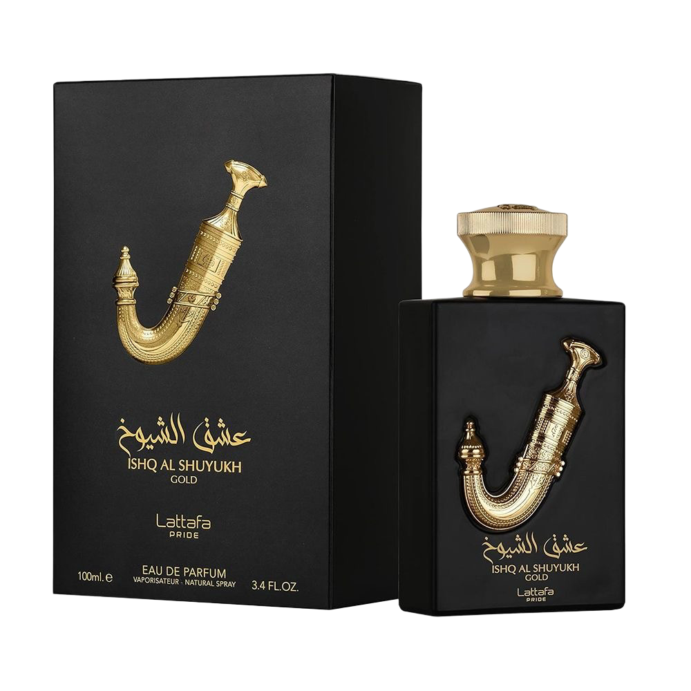 Frasco de perfume negro y caja con adornos dorados y texto árabe.