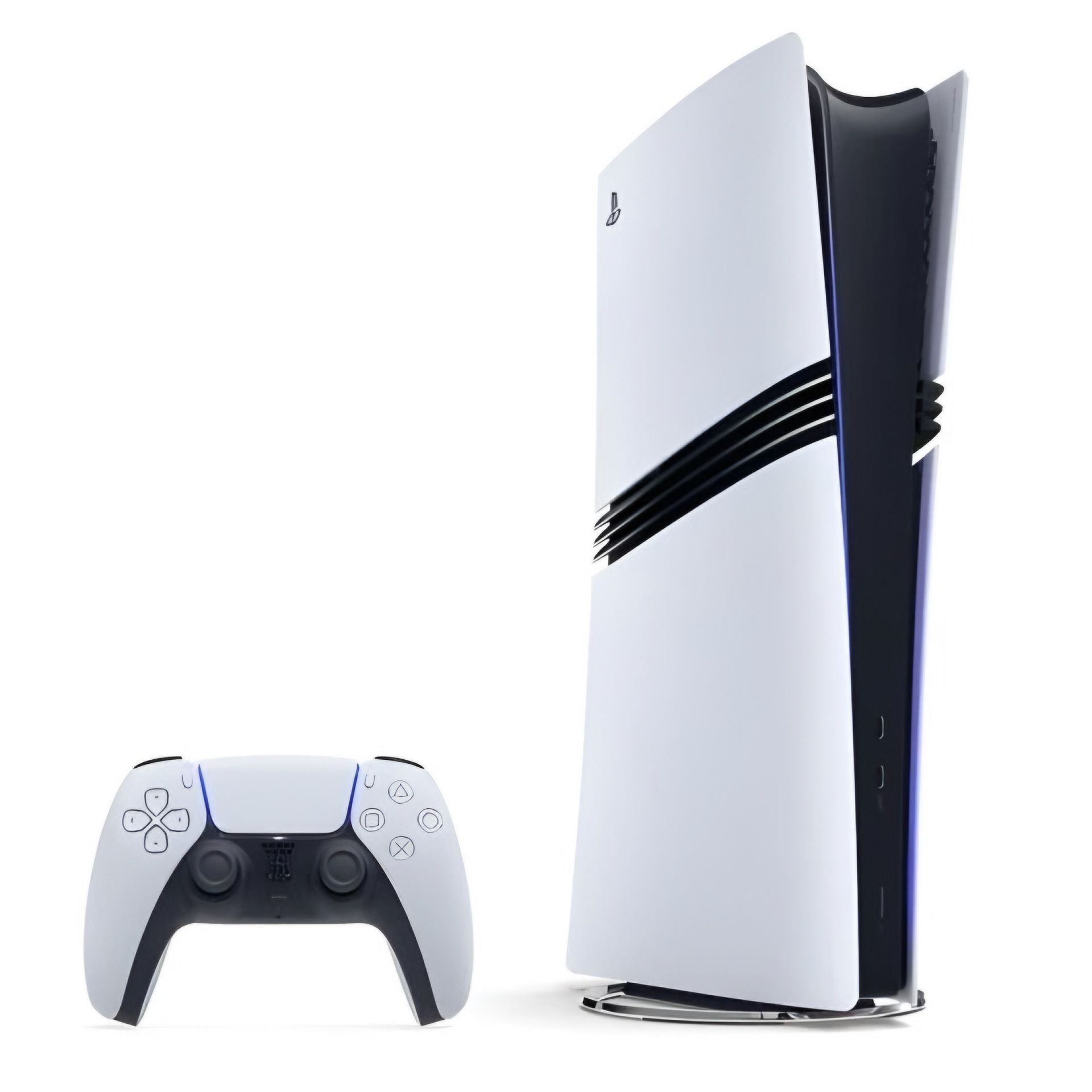 Consola PlayStation 5 y mando DualSense, diseño blanco y negro.