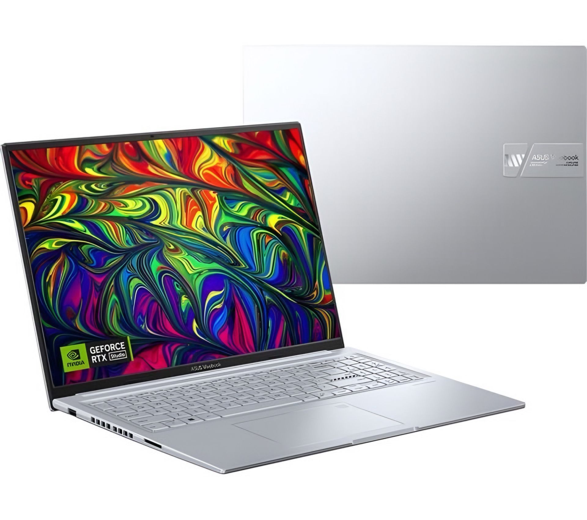 Portátil plateado abierto, con arte abstracto colorido en la pantalla, ligeramente inclinado. Parte trasera visible.