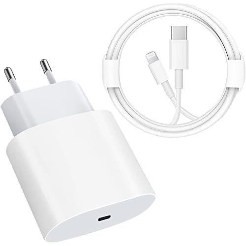 Cargador Apple blanco con cable adjunto; USB-C en un extremo, conector Lightning en el otro.