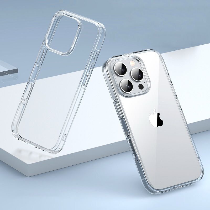 Funda transparente para iPhone sobre una superficie blanca, con un iPhone en su interior.