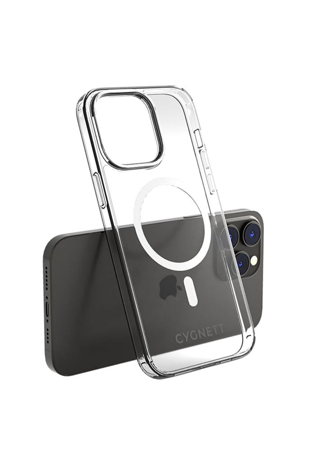 Funda de teléfono transparente con anillo MagSafe apoyada sobre un iPhone negro.