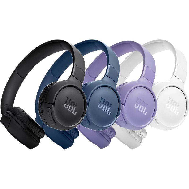 Cinco auriculares JBL Tune 510BT en negro, azul, morado y blanco.