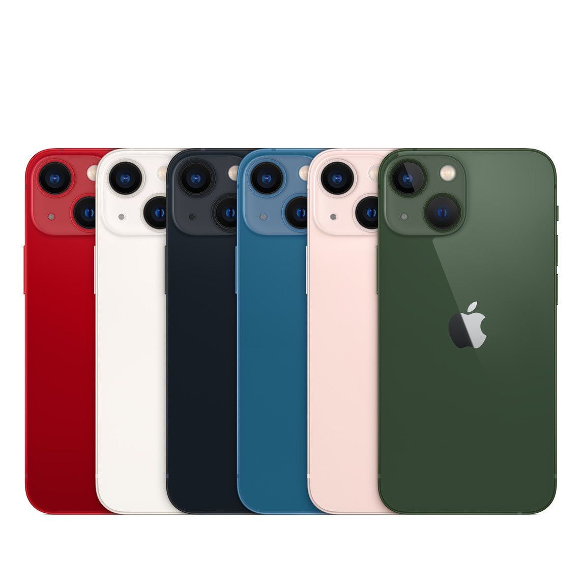 Seis modelos de iPhone 13 en varios colores: rojo, blanco, negro, azul, rosa y verde.