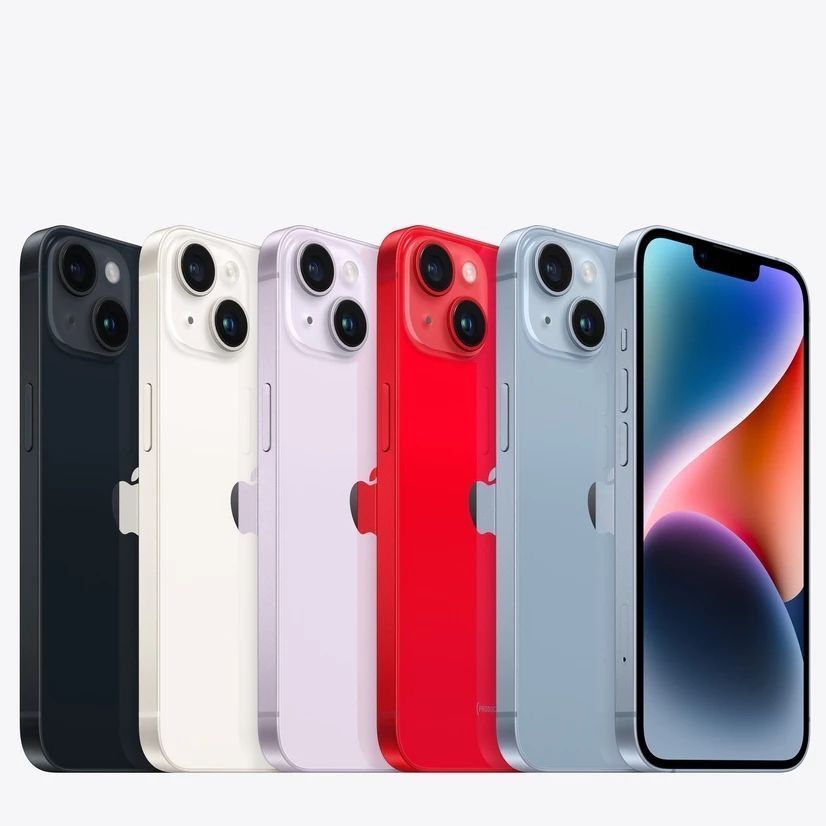 Seis iPhone 14 de Apple en varios colores, alineados.