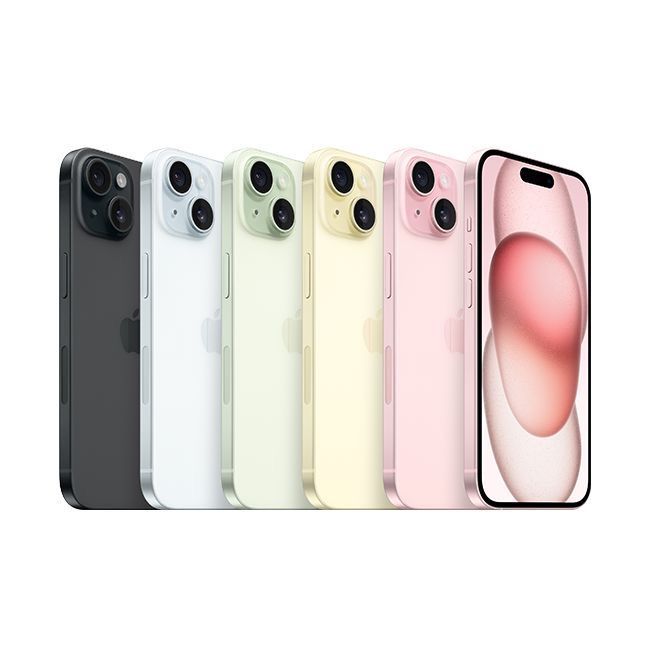 Cinco iPhones en varios colores, incluidos negro, blanco, verde, amarillo y rosa, alineados en una fila.