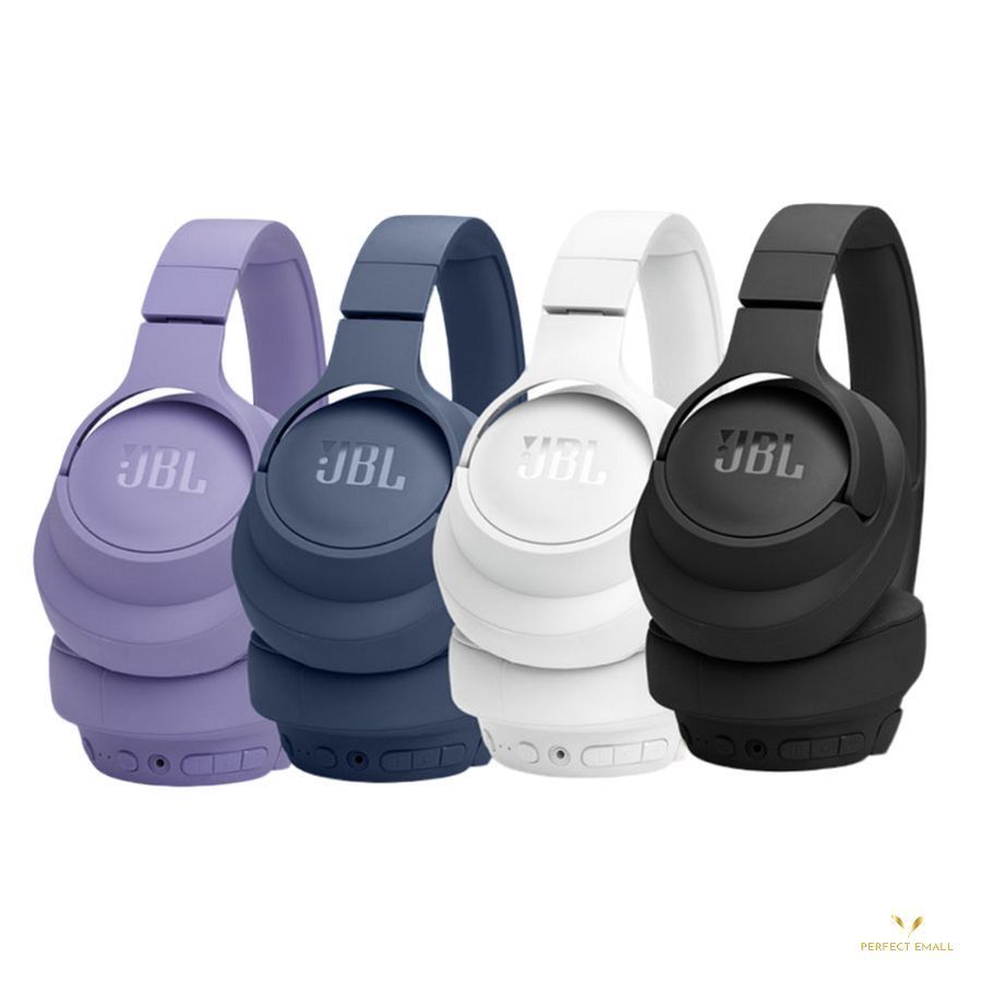 Cuatro auriculares inalámbricos JBL en morado, azul, blanco y negro.