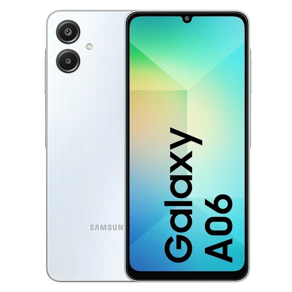 Samsung Galaxy A06 blanco, vista frontal y trasera. La pantalla muestra el nombre del teléfono.