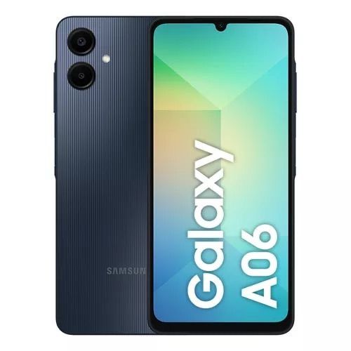 Samsung Galaxy A06 blanco, vista frontal y trasera. La pantalla muestra el nombre del teléfono.