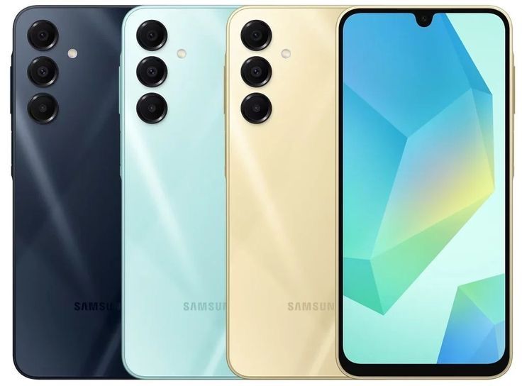 Tres teléfonos Samsung, azul, verde y dorado, con la pantalla del teléfono dorado hacia adelante muestra diseño geométrico.