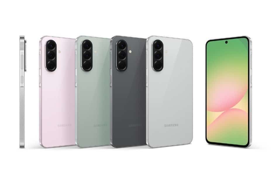 Cuatro teléfonos Samsung en color rosa, verde, gris y blanco