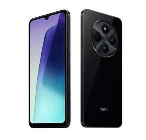 Teléfono inteligente de color negro, vista frontal con pantalla y vista trasera con conjunto de cámaras circular.