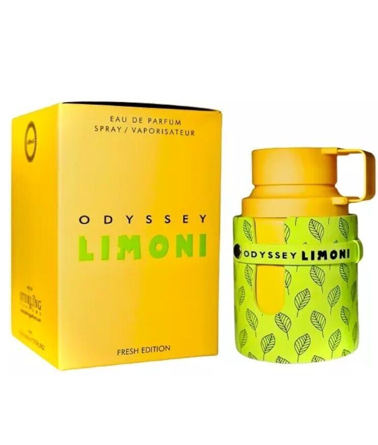 Caja de perfume amarilla y frasco con la etiqueta 