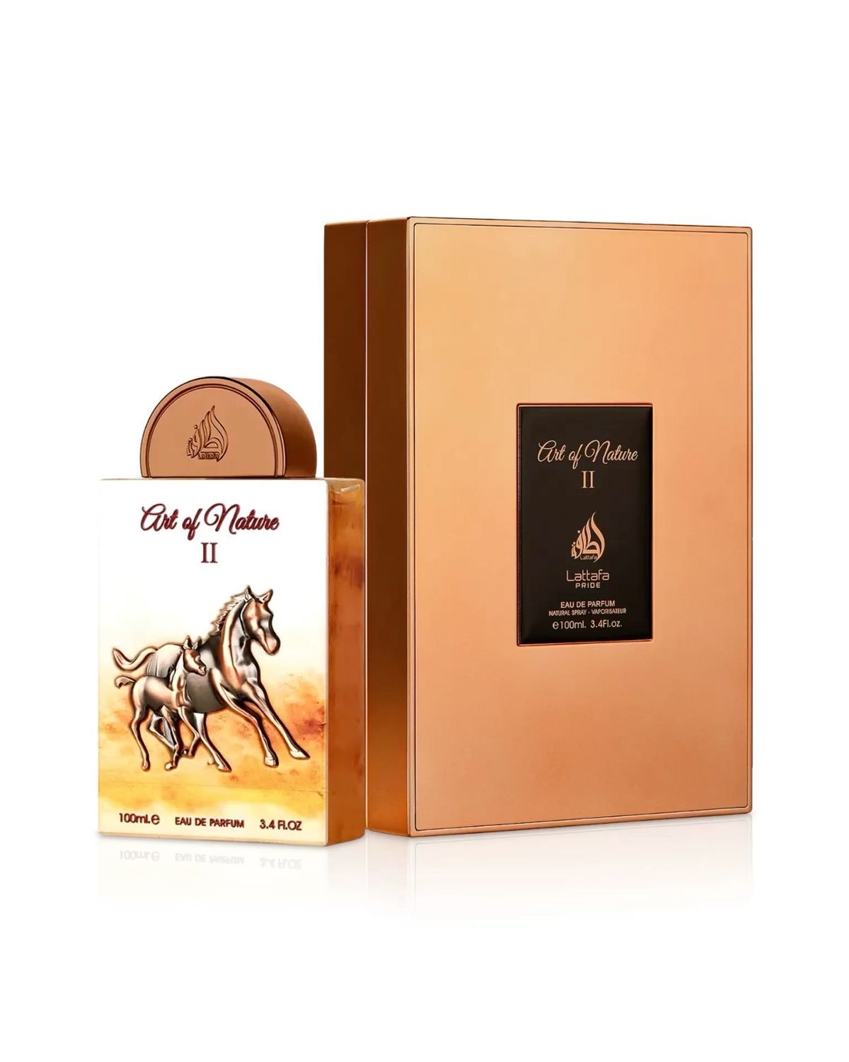 Caja de perfume: dorada, con ilustración de un caballo y frasco marrón.