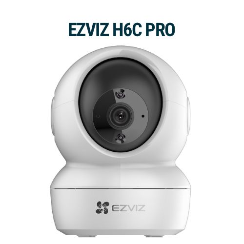 Cámara de seguridad para interiores EZVIZ H6C Pro de color blanco con lente negra sobre base blanca.