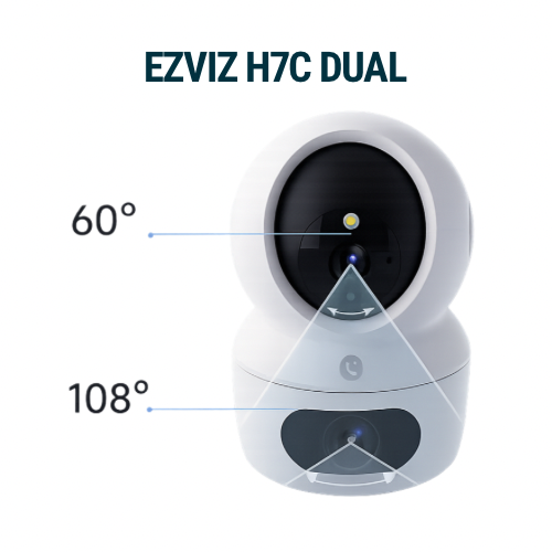 Cámara de seguridad EZVIZ H7C DUAL blanca con ángulos de visión de 60° y 108°.