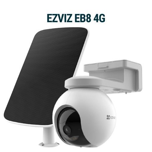 Cámara de seguridad EZVIZ EB8 4G con panel solar blanco y cámara en forma de bola.