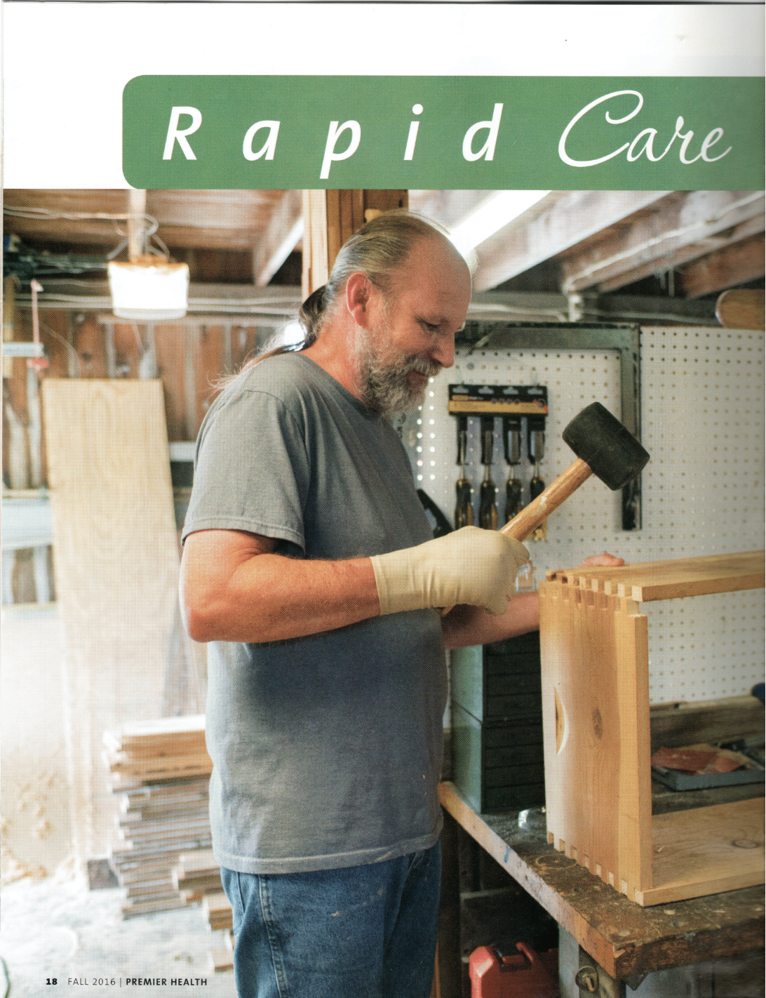 magazine page with photo of man using mallet and text Rapid Care